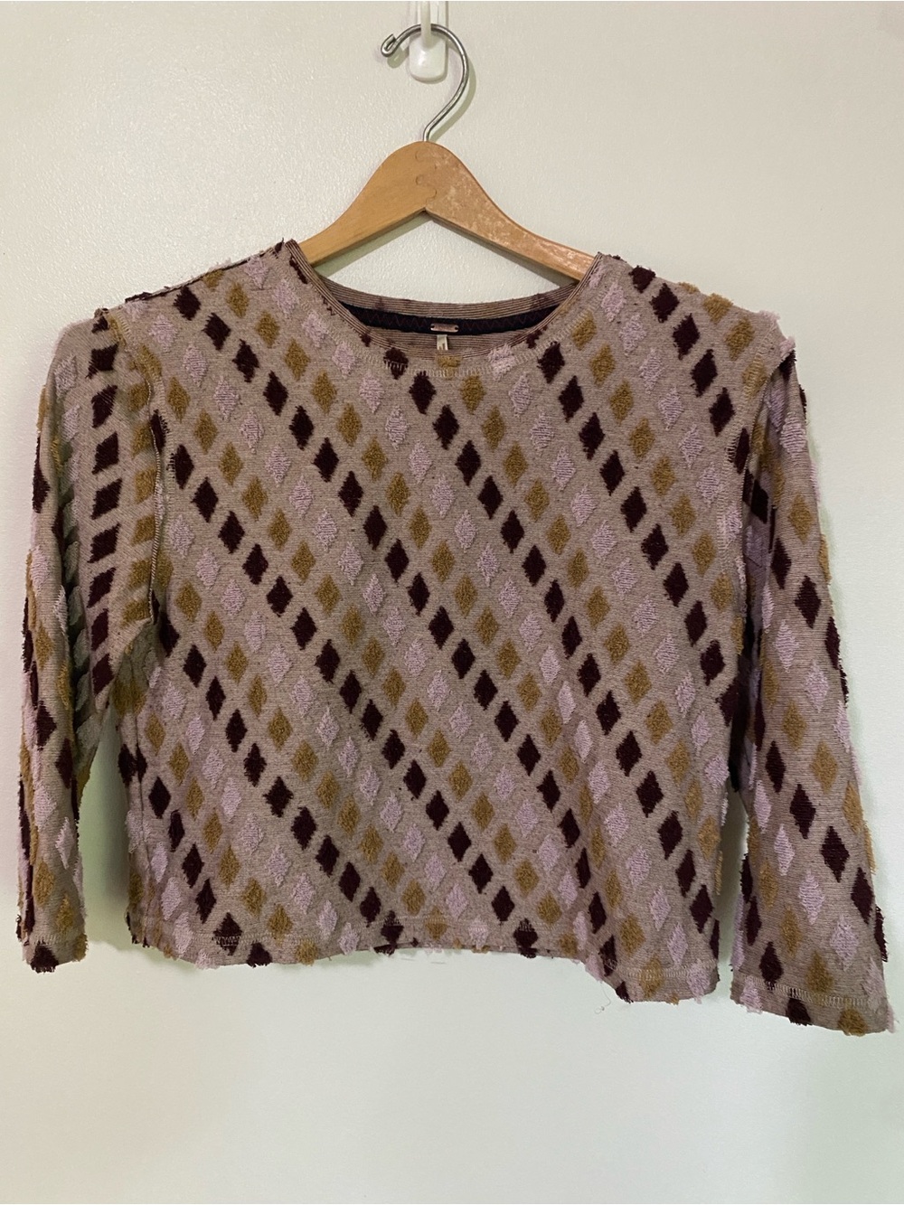 Free People Lavender, Olive & Chocolate Diamond Crew Sweater cropped spring fall